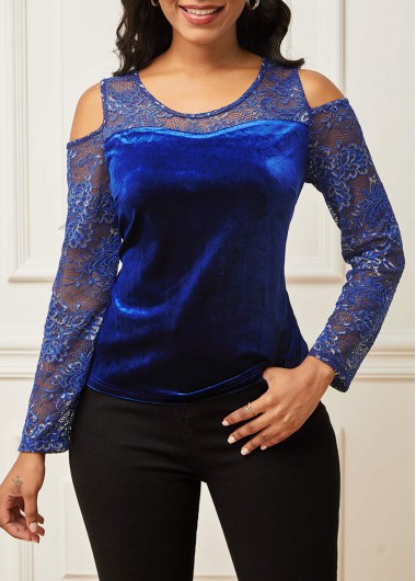 Rosewe Velvet Stitching Cold Shoulder Lace Patchwork T Shirt - L