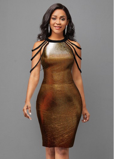 Rosewe Cocktail Party Dress Bib Neck Hot Stamping Cold Shoulder Dress - XL