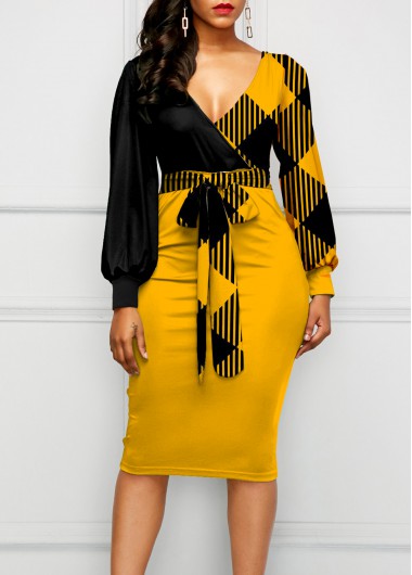 Rosewe Wedding Guest Dress V Neck Plaid Belted Lantern Sleeve Dress - L