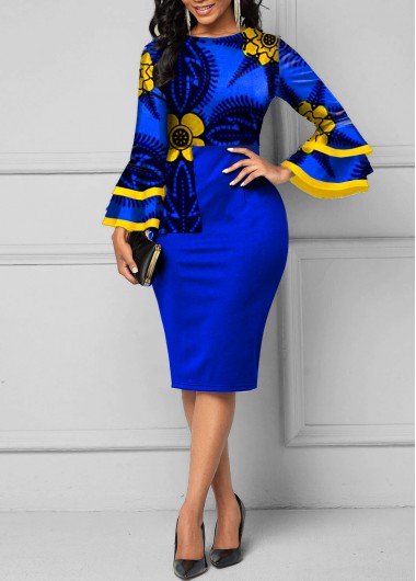 Rosewe Cocktail Party Dress Floral Print Layered Bell Sleeve Round Neck Bodycon Dress - S