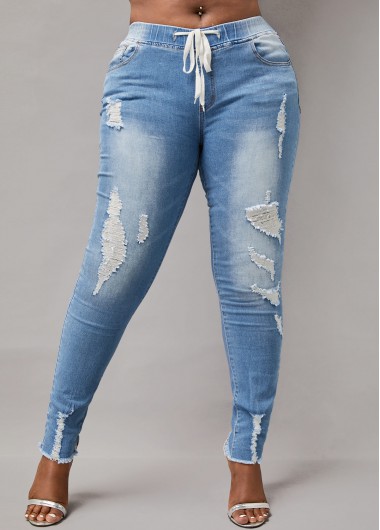 Rosewe Distressed Denim Blue High Waist Plus Size Pants - 1X