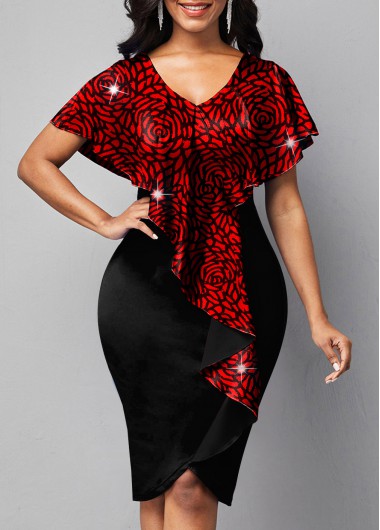 Rosewe Red Dresses Flounce V Neck Short Sleeve Bodycon Dress - S