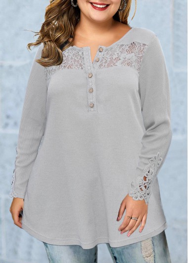 Rosewe Solid Lace Patchwork Plus Size T Shirt - 1X
