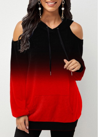 Rosewe Cold Shoulder Long Sleeve Ombre Print Hoodie - S