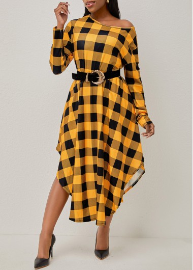 Rosewe Cocktail Party Dress Plaid Asymmetric Hem Long Sleeve Dress - M