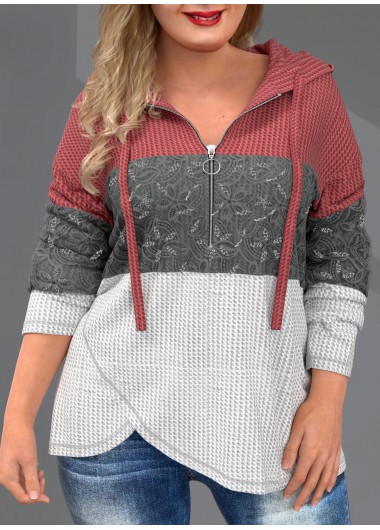Rosewe Plus Size Quarter Zip Drawstring Lace Stitching Hoodie - 1X