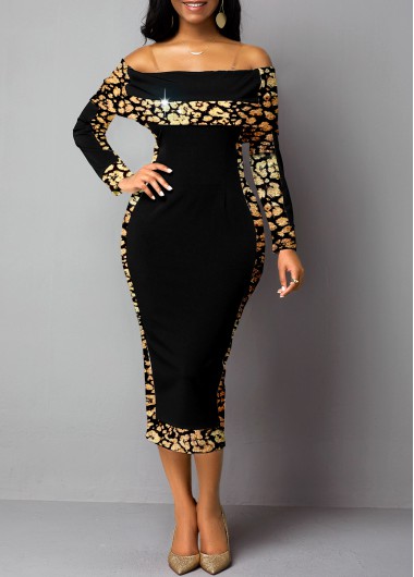 Rosewe Black Dresses Long Sleeve Hot Stamping Off Shoulder Dress - XL