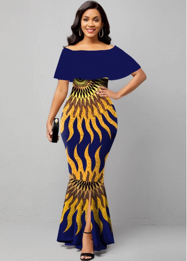 Rosewe Cocktail Party Dress Short Sleeve Tribal Print Front Slit Hem Dress - S