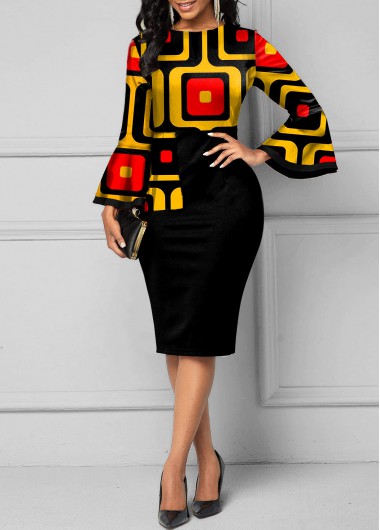 Rosewe Cocktail Party Dress Round Neck Layered Bell Sleeve Geometric Print Dress - M
