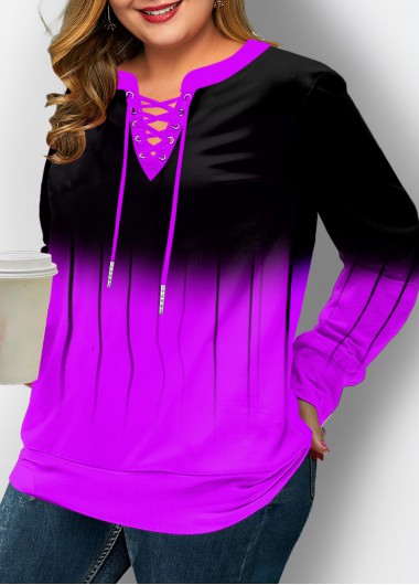Rosewe Ombre Lace Up Plus Size Long Sleeve Sweatshirt - 1X