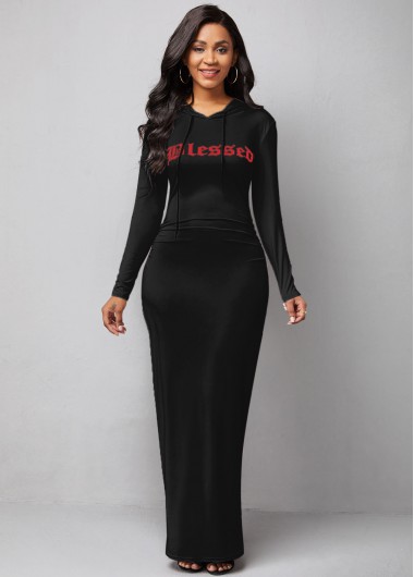 Rosewe Black Dresses Hooded Collar Letter Print Long Sleeve Dress - L