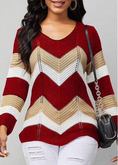 Rosewe Trendy Chevron Print Long Sleeve Contrast Sweater - S