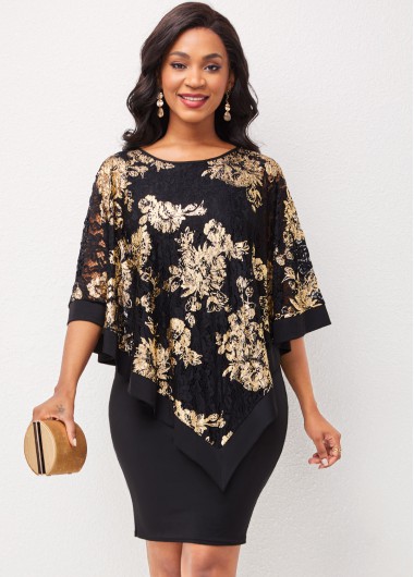 Rosewe Black Dresses Asymmetric Hem Hot Stamping Round Neck Dress - M