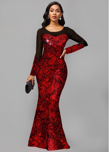 Rosewe Cocktail Party Dress Long Sleeve Hot Stamping Round Neck Dress - S