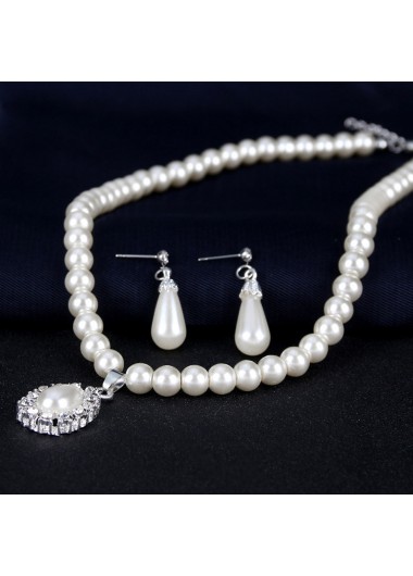 Rosewe Fashion Cream Rhinestone Pearl Water Drop Shape Earrings and Necklace - One Size