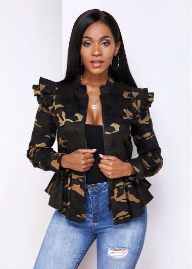 Rosewe Asymmetric Hem Ruffle Sleeve Camouflage Print Jacket - M