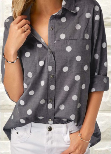 Rosewe Women Shirt Grey Polka Dot Long Sleeve Button Up - XXL
