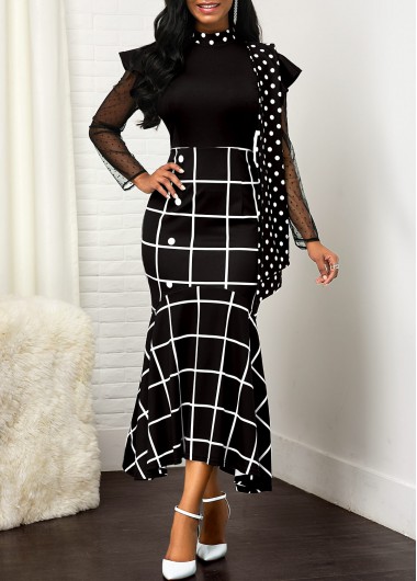 Rosewe Women Black Plaid And Dot Printed Mock Neck Sheath Ankle Length Cocktail Party Dress Mesh Panel Long Sleeve Mermaid Hem Elegant Dress - M