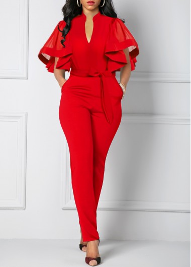 Women'S Red Butterfly Sleeve Belted Formal Skinny Jumpsuit Solid Color Side Pocket Holiday Cocktail Party Jumpsuit By Rosewe - M