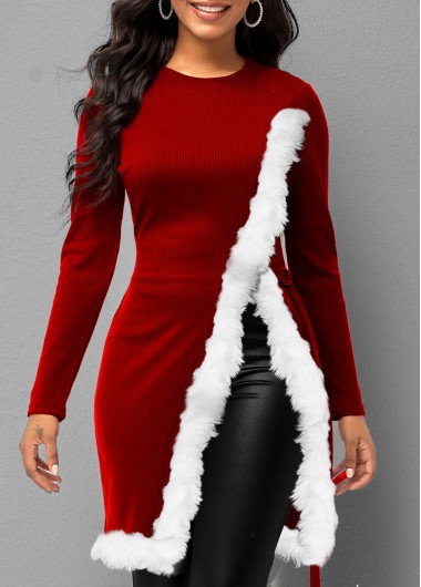 Christmas Rosewe Women Red Faux Fur Side Slit Holiday Sweater Round Neck Long Sleeve Longline Xmas Jumper - XL
