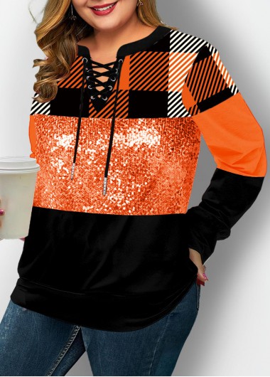 Rosewe Lace Up Long Sleeve Plaid Plus Size Sweatshirt - 1X