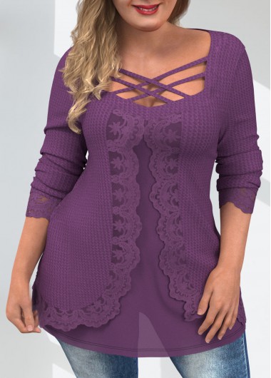 Rosewe Cross Strap Lace Stitching Plus Size T Shirt - 3X