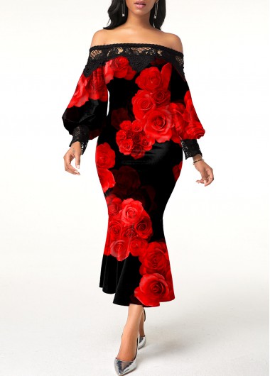 Rosewe Red Dresses Floral Print Lantern Sleeve Off Shoulder Mermaid Dress - M