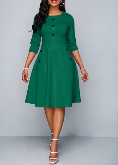 Rosewe Cocktail Party Dress Solid Decorative Button 3/4 Sleeve Round Neck Dress - L