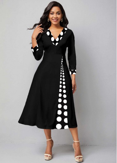 Rosewe Cocktail Party Dress 3/4 Sleeve Polka Dot V Neck Dress - M