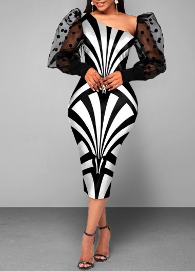 Rosewe Cocktail Party Dress Polka Dot Geometric Print Puff Sleeve Dress - XL