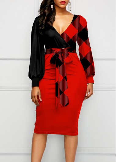 Rosewe Red Dresses Plaid Bowknot Belted V Neck Lantern Sleeve Red Dress - M