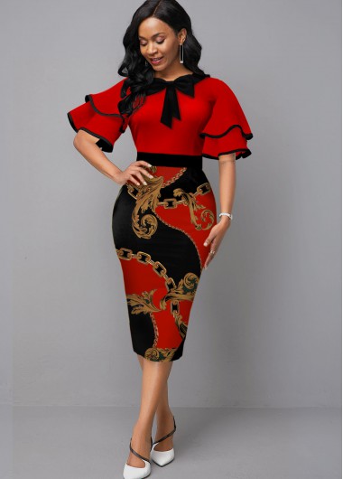Rosewe Red Dresses Bowknot Layered Bell Sleeve Red Tribal Print Dress - M