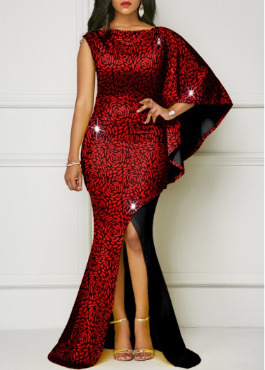 Rosewe Cocktail Party Dress Hot Stamping Side Slit Red Maxi Dress - XXL