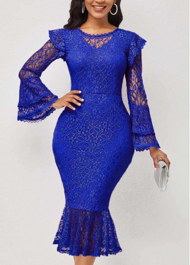Rosewe Cocktail Party Dress Layered Bell Sleeve Lace Stitching Blue Mermaid Dress - S