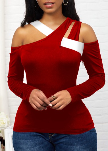 Rosewe Red Long Sleeve Cold Shoulder T Shirt - M