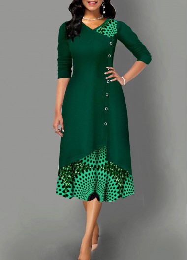 Rosewe Cocktail Party Dress Tribal Print V Neck Decorative Button Green Dress - M