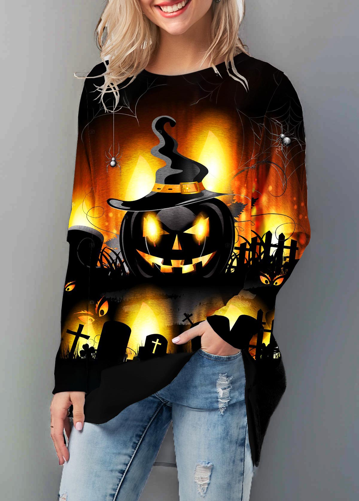 Pumpkin Print Asymmetric Hem Black Round Neck Sweatshirt