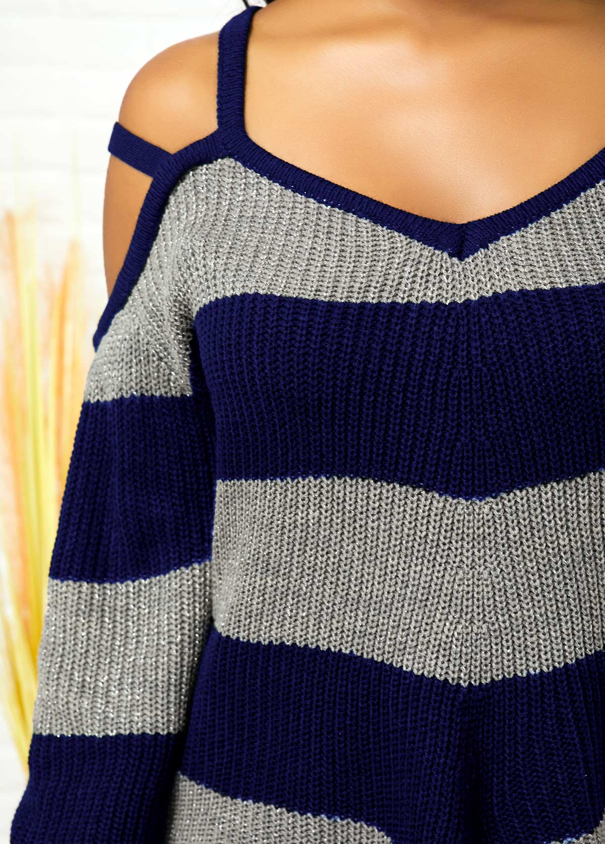 Striped Cold Shoulder Asymmetric Hem Sweater