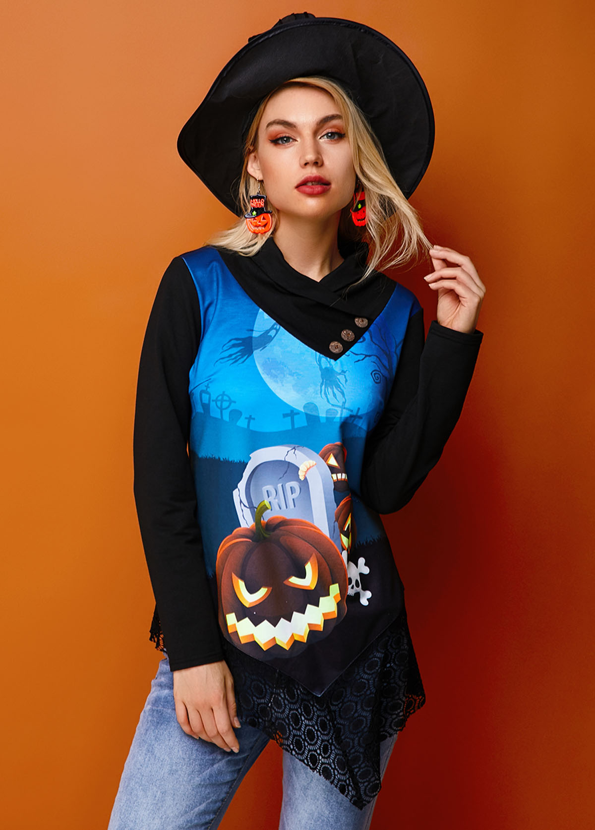 Pumpkin Print Decorative Button Blue Cowl Neck Sweatshirt