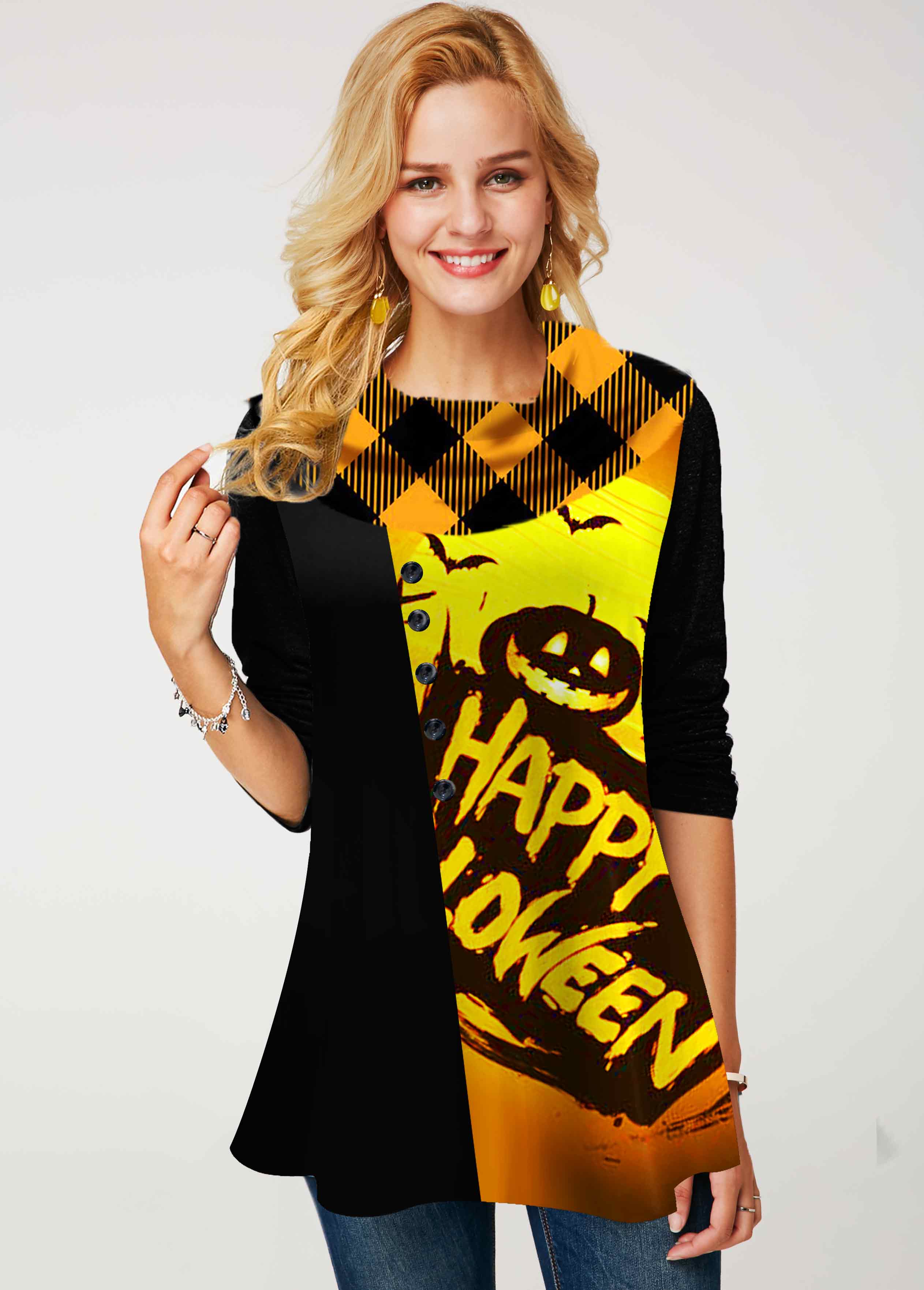 Halloween Print Decorative Button Yellow Cowl Neck Sweatshirt