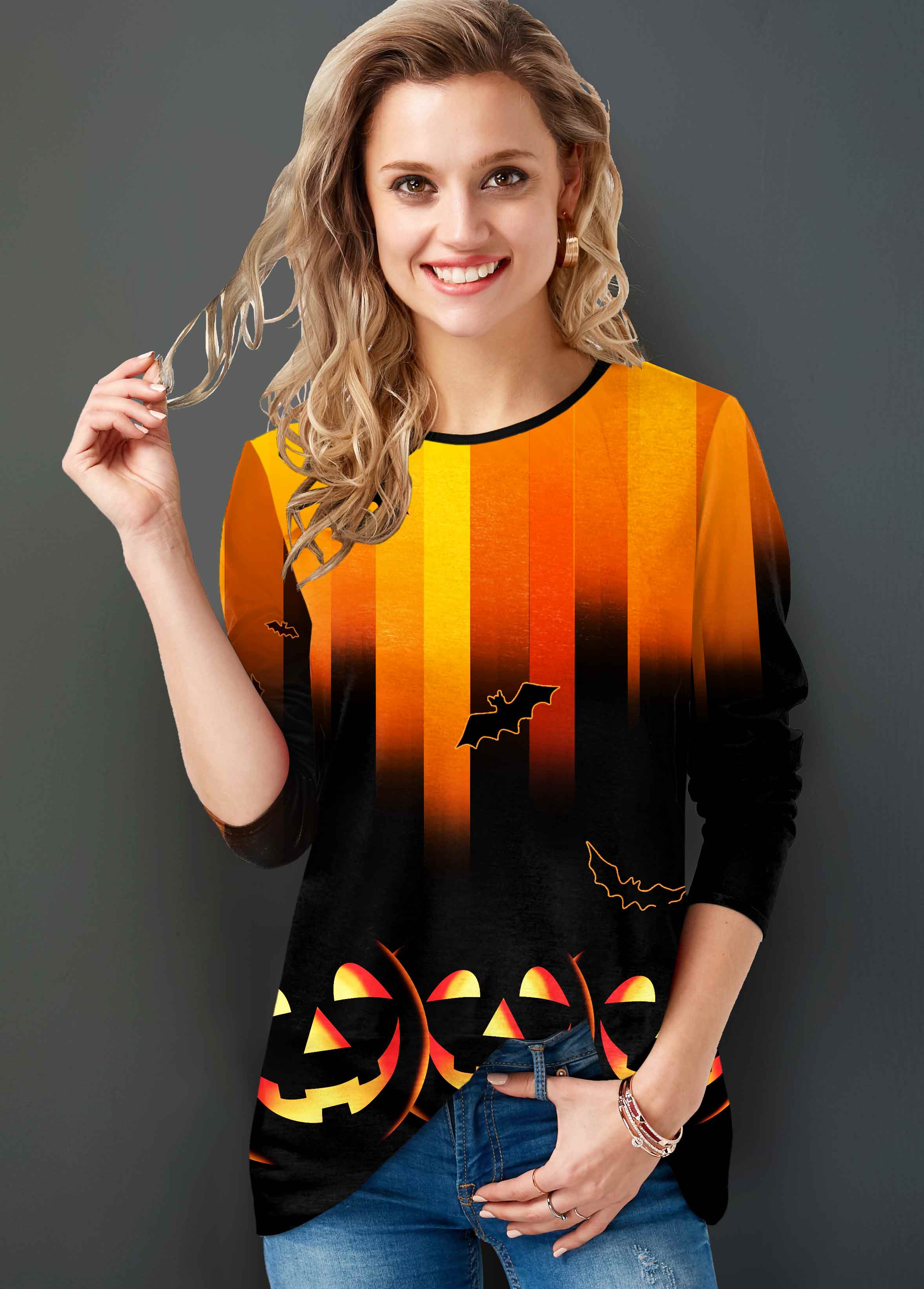 Orange Halloween Pumpkin Print Long Sleeve T Shirt
