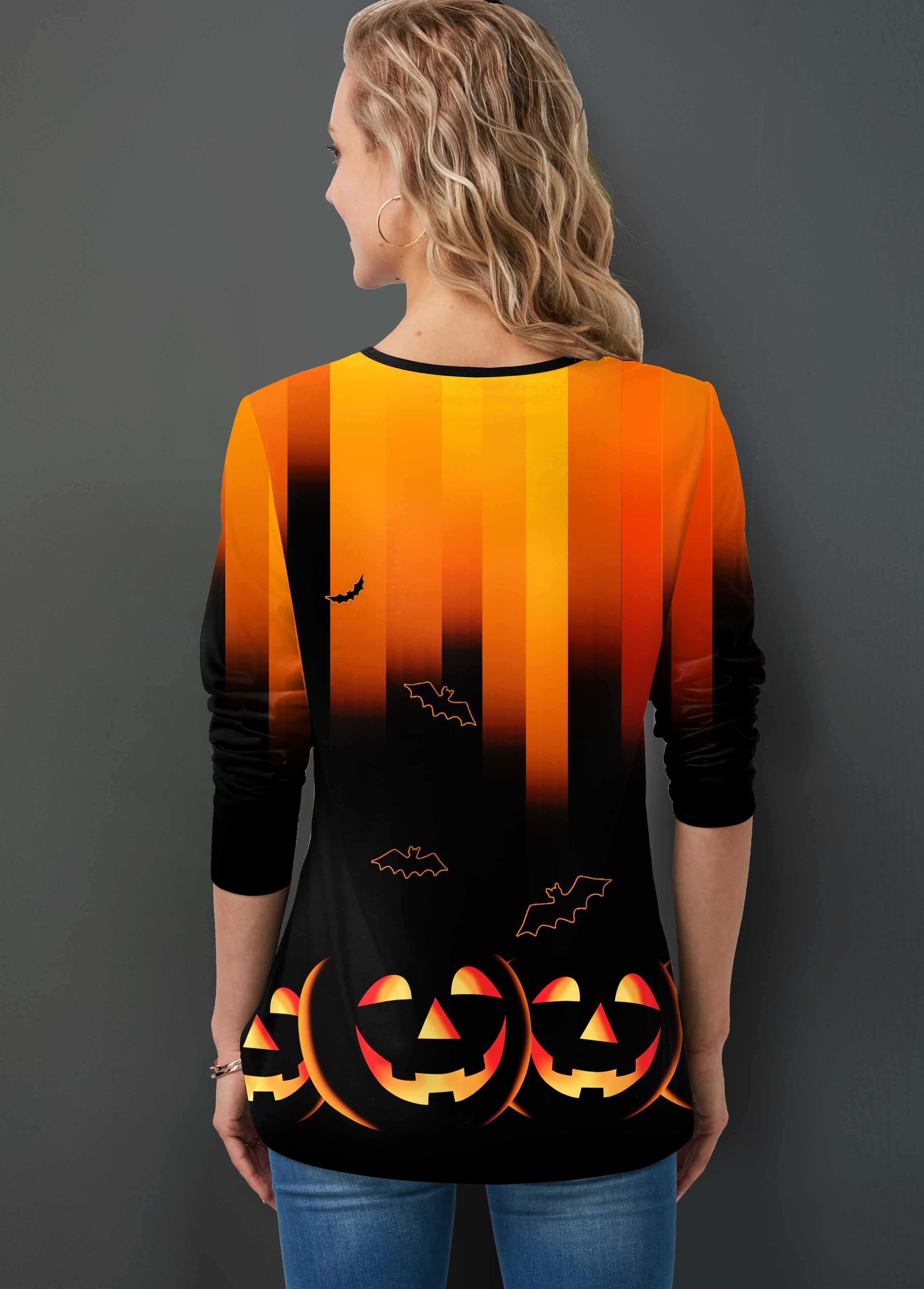 Orange Halloween Pumpkin Print Long Sleeve T Shirt
