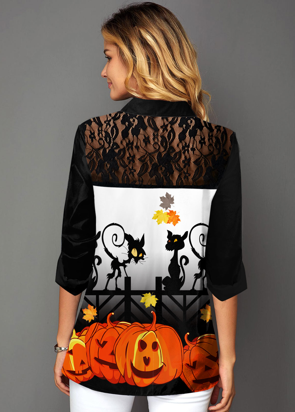 Button Up Lace Panel Halloween Print Shirt