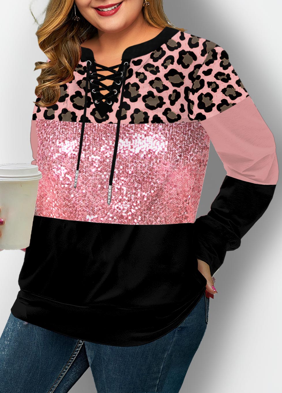 Lace Up Leopard Sequin Panel Plus Size Sweatshirt