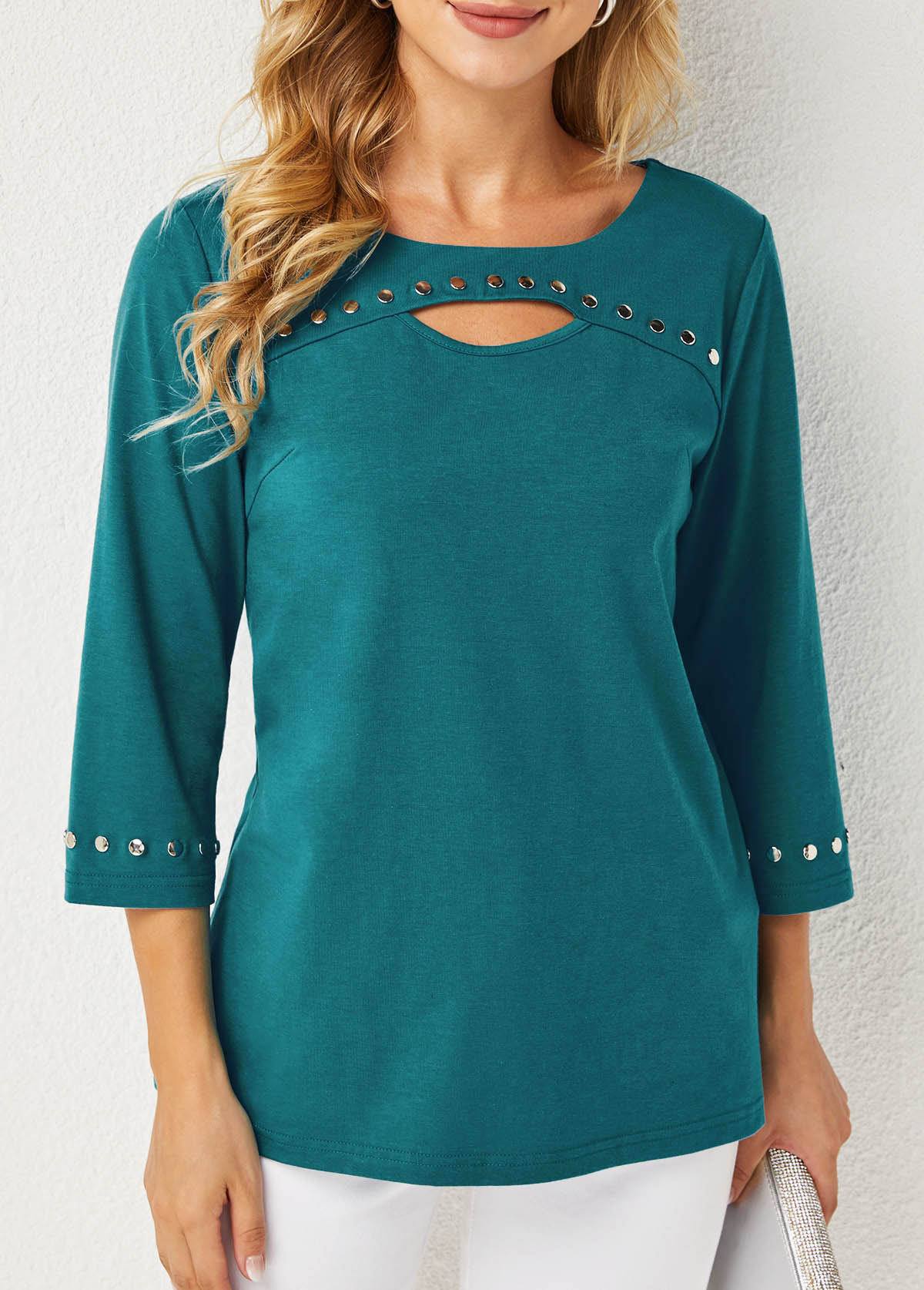 Cutout Front 3/4 Sleeve Round Neck T Shirt