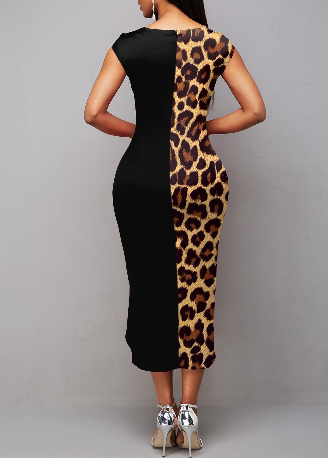 Short Sleeve Boat Neck Leopard Dress