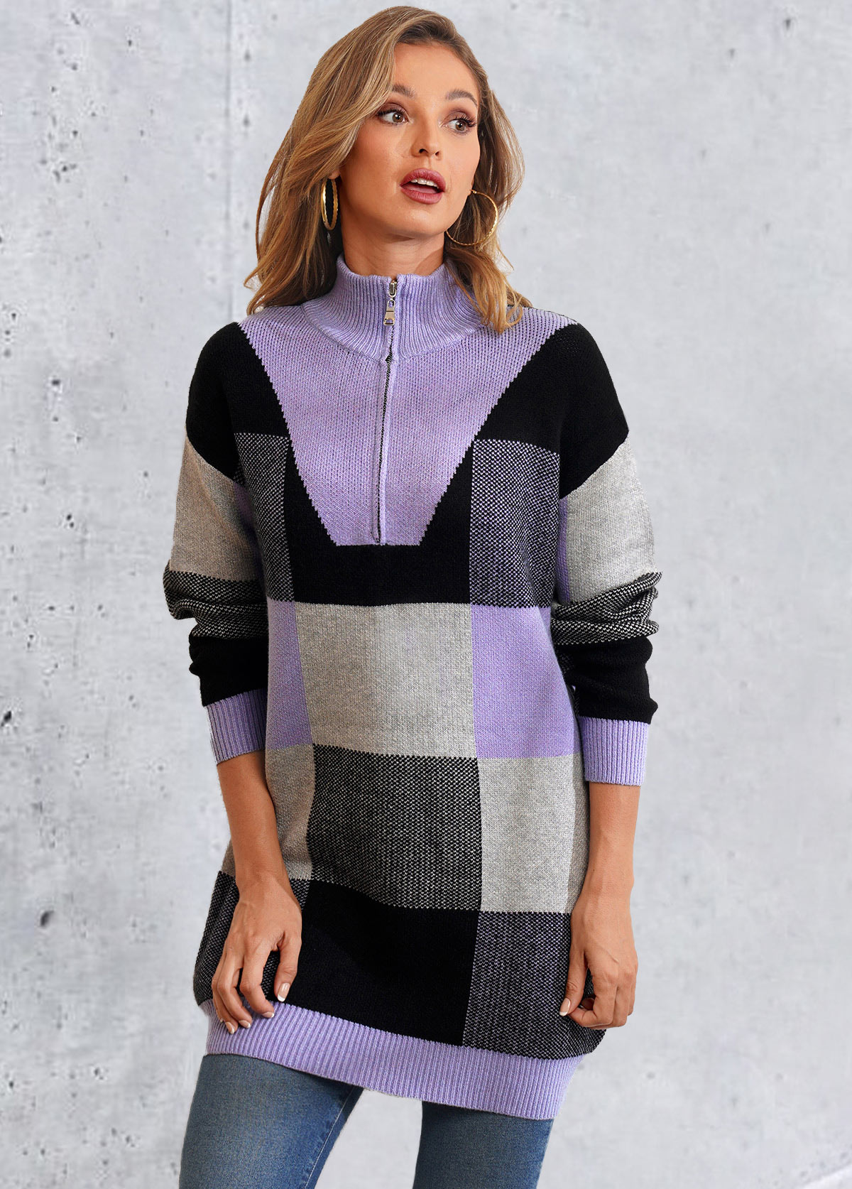 Quarter Zip Plaid Long Sleeve Sweater