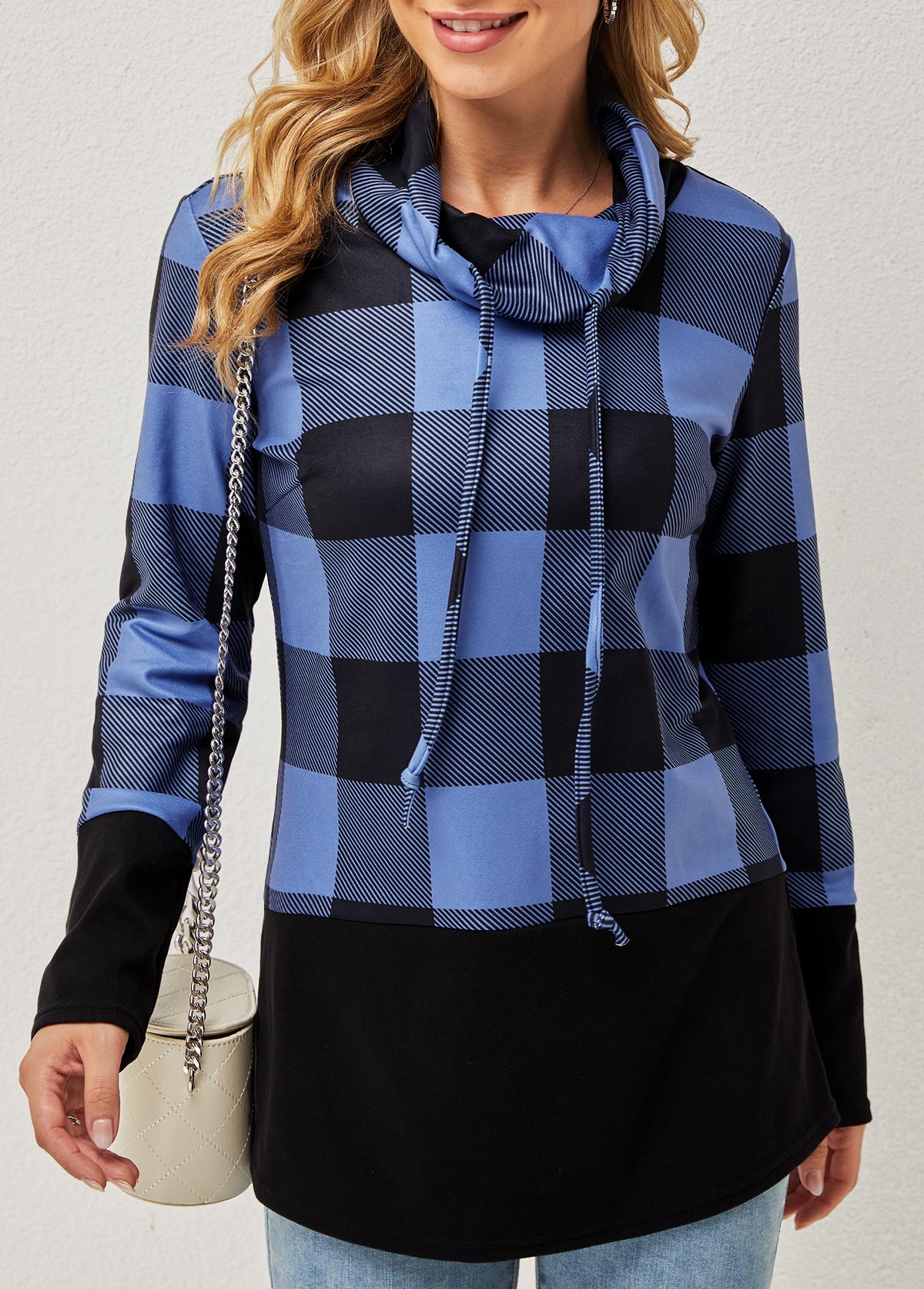 Plaid Drawstring Long Sleeve Cowl Neck Sweatshirt