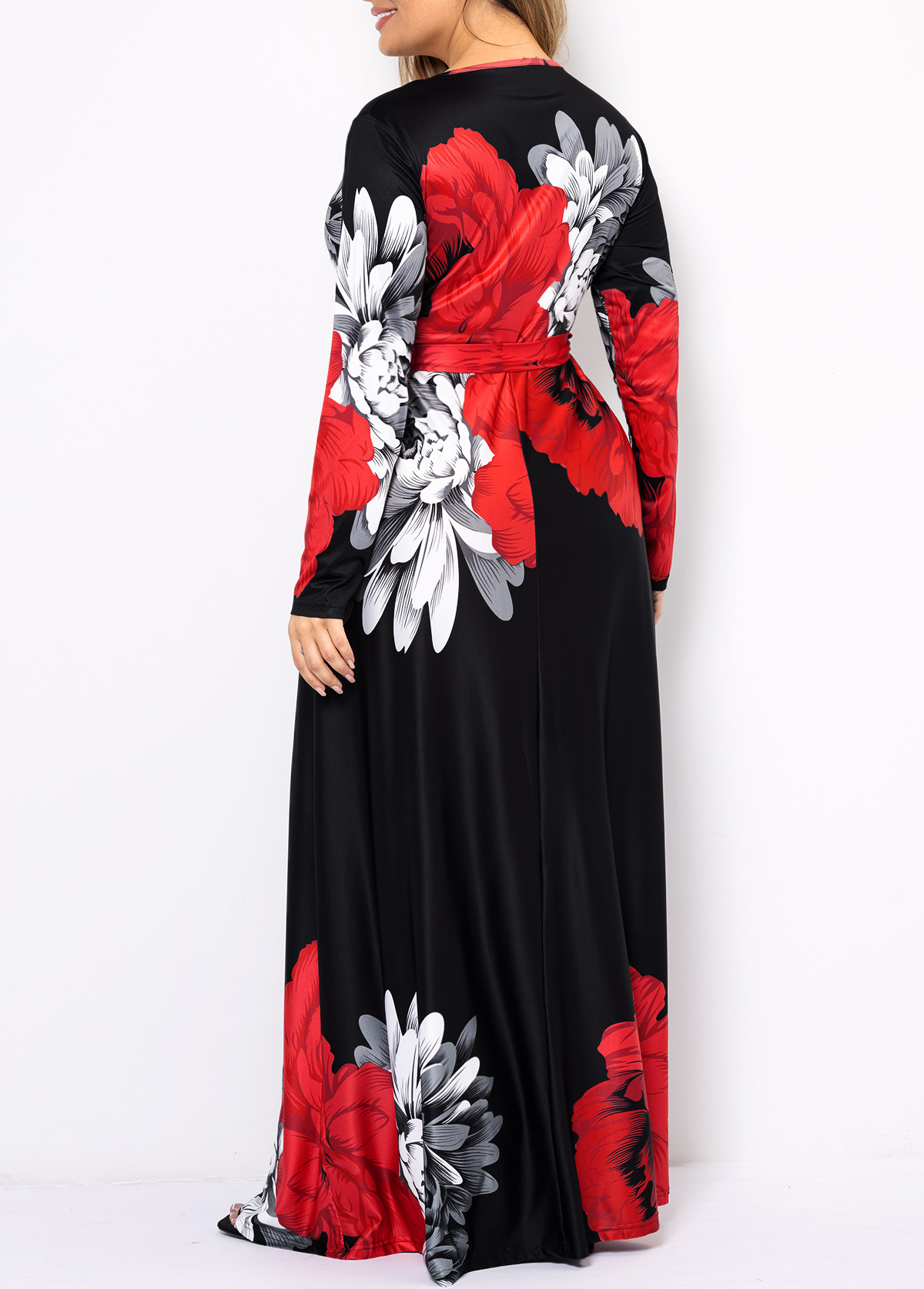 Floral Print Plus Size Belted Long Sleeve Dress