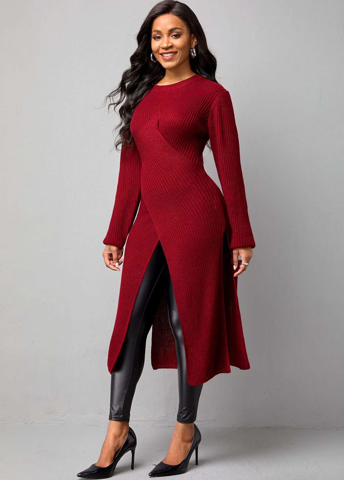 Cross Front Long Sleeve Wine Red Sweater